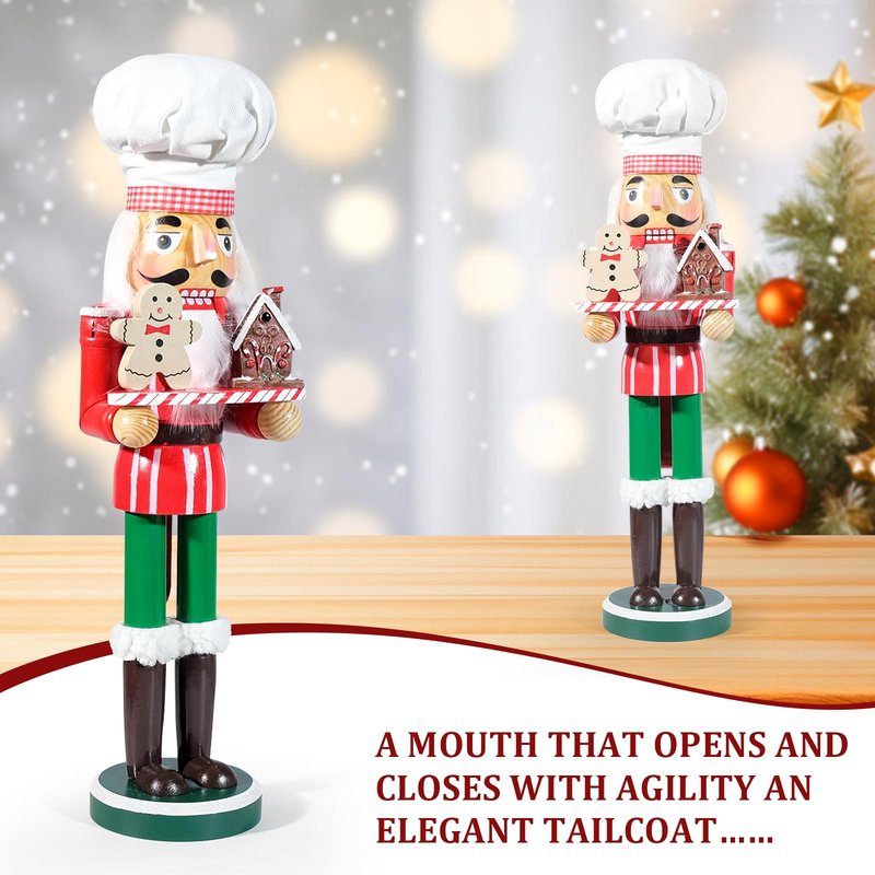 GlisDyck 15 Inch Chef Nutcracker Christmas Decor, Nutcrackers Figures, Festive Collectible Figurine Gift for Table Desktop Fireplace Thanksgiving Holiday Display (White Green)