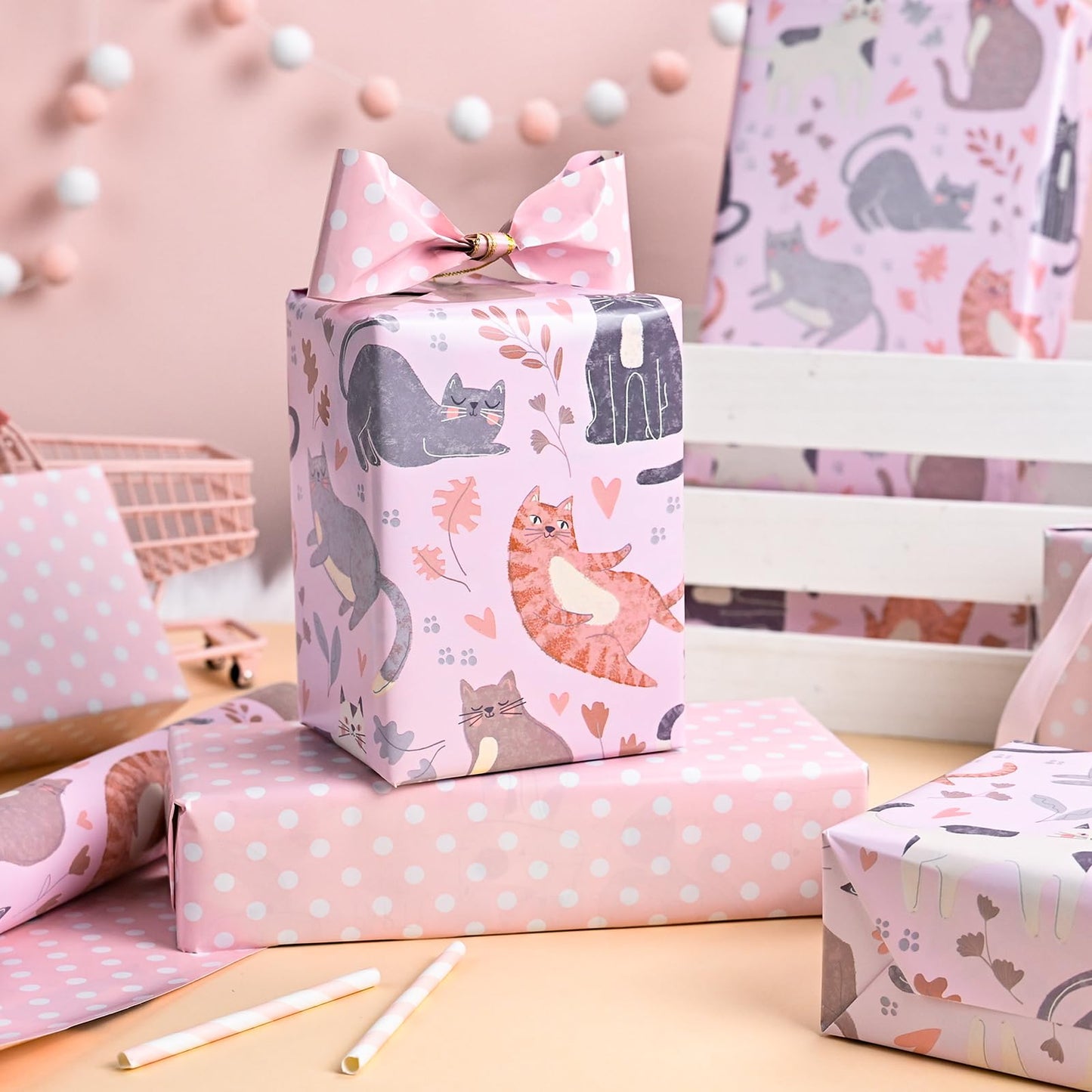 Burymento Reversible Cat Design Wrapping Paper Roll - Pink and white polka dot design on the other side, suitable for Valentine's Day, Birthday, Mother's Day, Wedding, Baby Shower