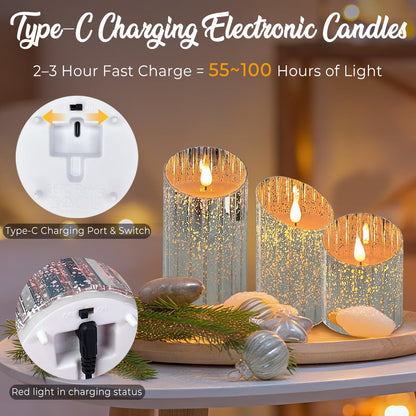 LEDHOLYT Rechargeable Flameless Candle, Flickering LED Pillar Glass Fake Candle with Remote and Timer, Built-in Battery Real Wax Electronic Candle for Room Decoration, Set of 3