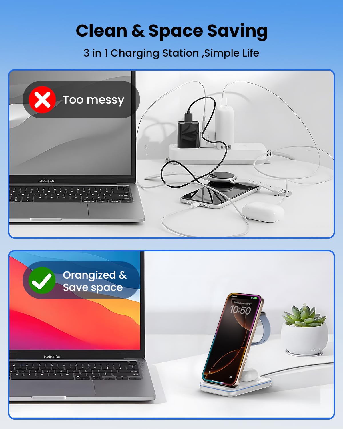 Wireless Charging Station for Apple - 3 in 1 Wireless Charger Stand Dock Watch and Phone Charger Station for Apple Watch 11/8/7/SE/6/5/4/3/2, iPhone 17 16-12 Pro Max SE XS X, Samsung, AirPods Pro/3/2