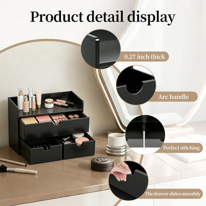 Bamboo Desk Organizer with Drawers, Tabletop Cosmetic Makeup Storage Box, No Assembly Desktop Countertop Storage Holder for Skincare Toiletries, Home Office Bathroom Vanity Organization(black)