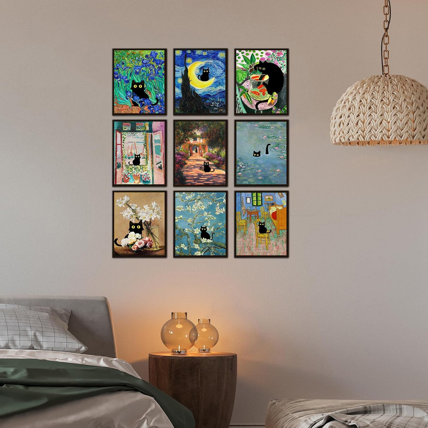 GemZono Diamond Art Kits for Adults and Beginners - 9pcs, 5D Round Diamond Digital Painting Kit, DIY Black Cat Diamond Art Painting, Matisse Van Gogh Living Room Bedroom Decoration (12 x 16 inch)