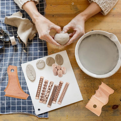 UNICRAFTALE 13Pcs 13 Styles Clay Pottery Tools Kit with 6 Clay Texture Rollers 5 Clays Stamps 2 Foot Shaper Tools Pottery Ribs Trimming Tool for DIY Handmade Clays Molding Sculpting Ceramics