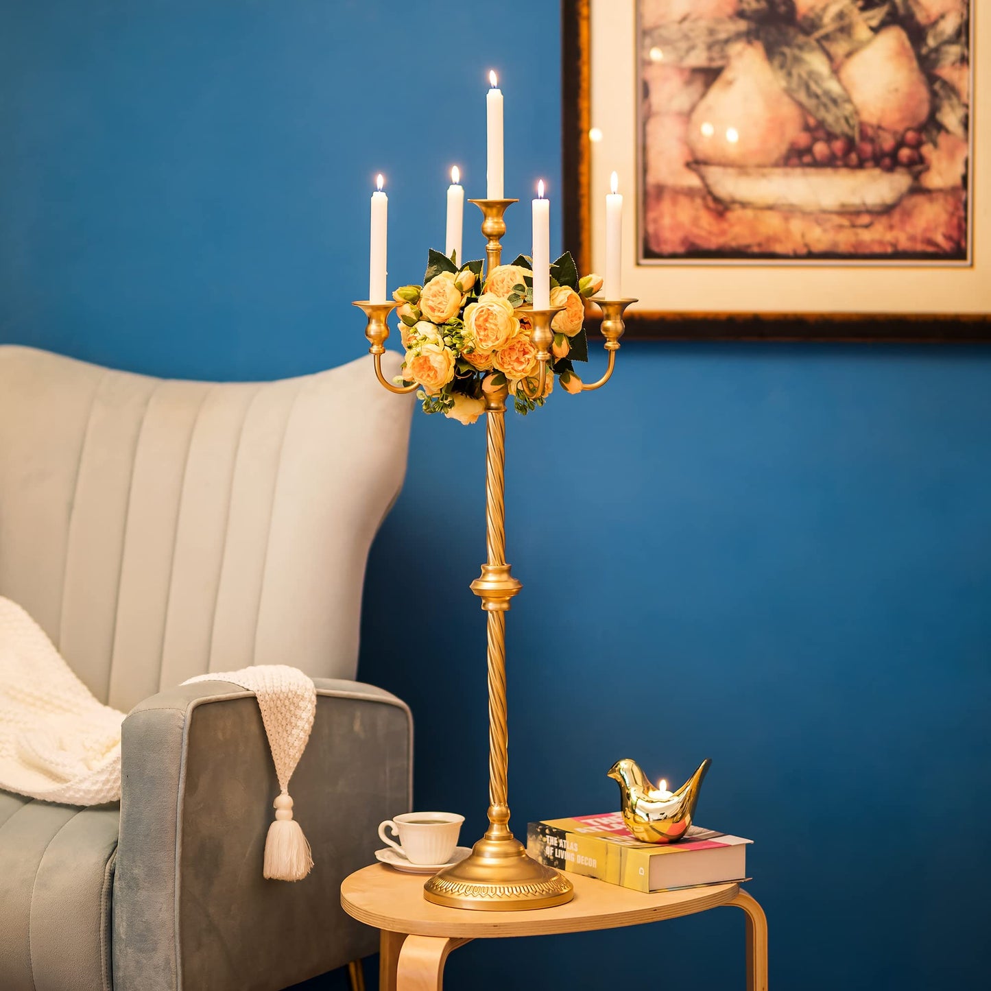 Sziqiqi Gold Floor Candelabra Candle Holder for Centerpiece - Tall 5 Arm Candlesticks Holders Metal Taper Candle Holder for Table Floral Centerpieces for Wedding Party Banquet