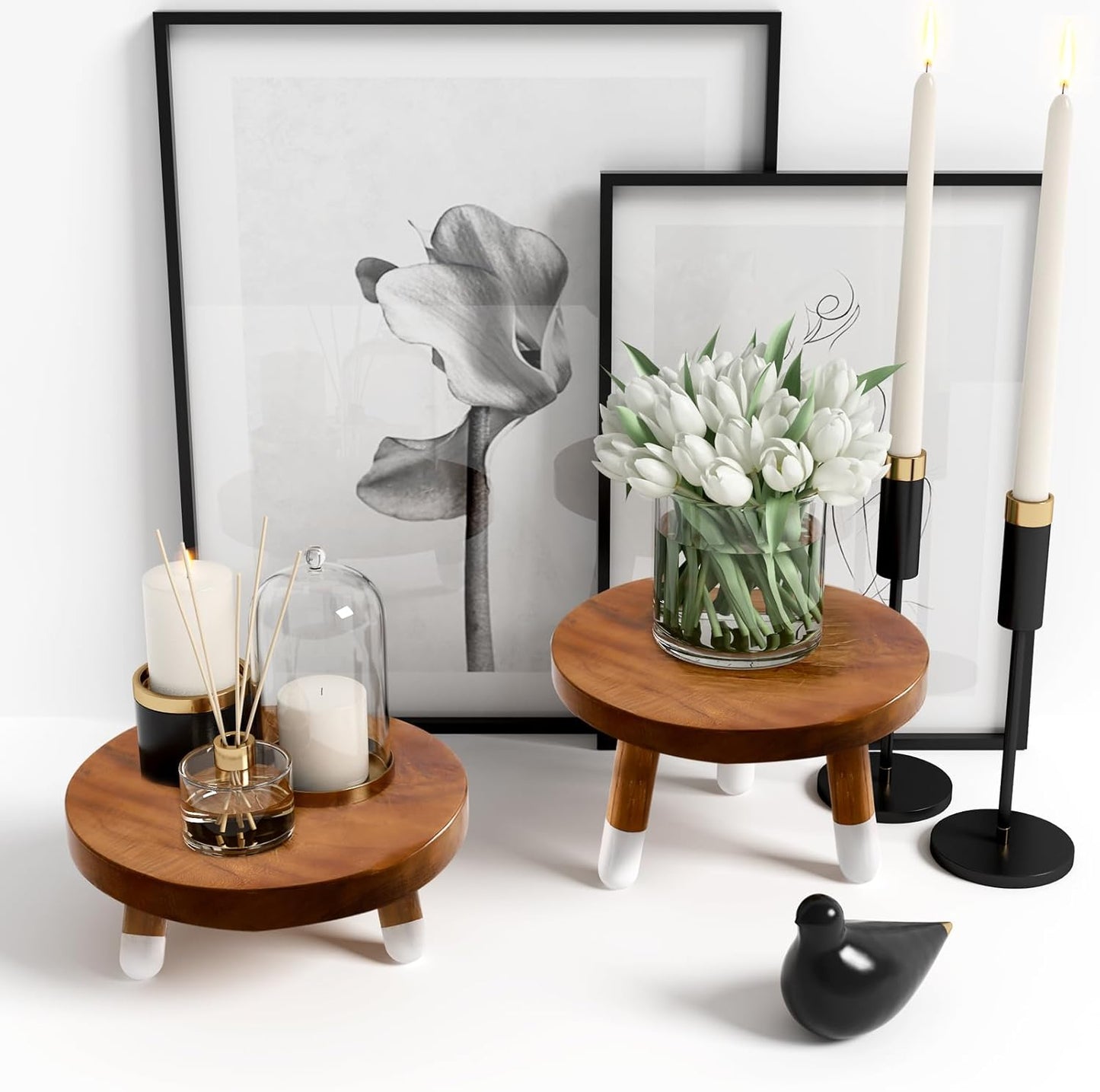 9" 4"+6" Tall-2 Pack Round Dip Dyed Teak Plant Stand |Wood Risers for Decor | Wood Pedestal Stand Riser