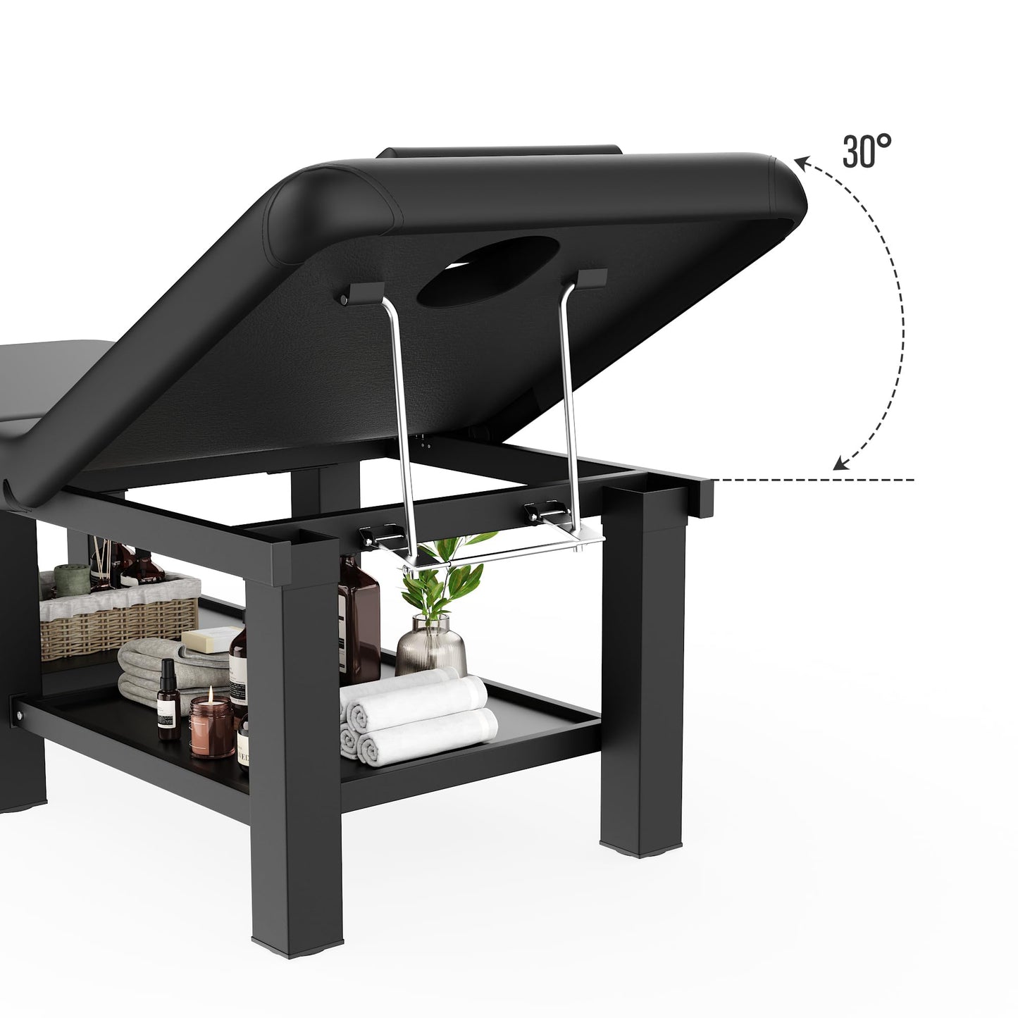 30.5'' Wide × 75'' Long Folding Stationary Massage Table with Backrest and Storage Space for Treatment Table Physical Therapy Table Spa Facial Bed, 6 Square legs, Metal Frame PU Leather - Black