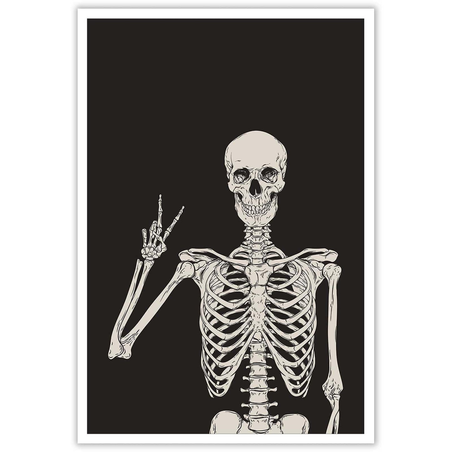 Funny Black Skeleton Canvas Wall Art Spooky Decor Halloween Poster High Hand Peace Print Bones Minimalist Background 12X16in Unframed