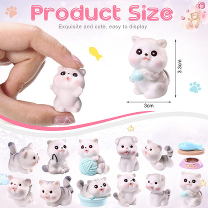 14 Pcs Cat Figurines Cute Miniature Figures Mini Cat Cake Toppers Moss Landscape Waterproof Resin Kitten Garden Miniature Terrarium Figurines for Garden Home Party Cake Decor Supplies (Gray)