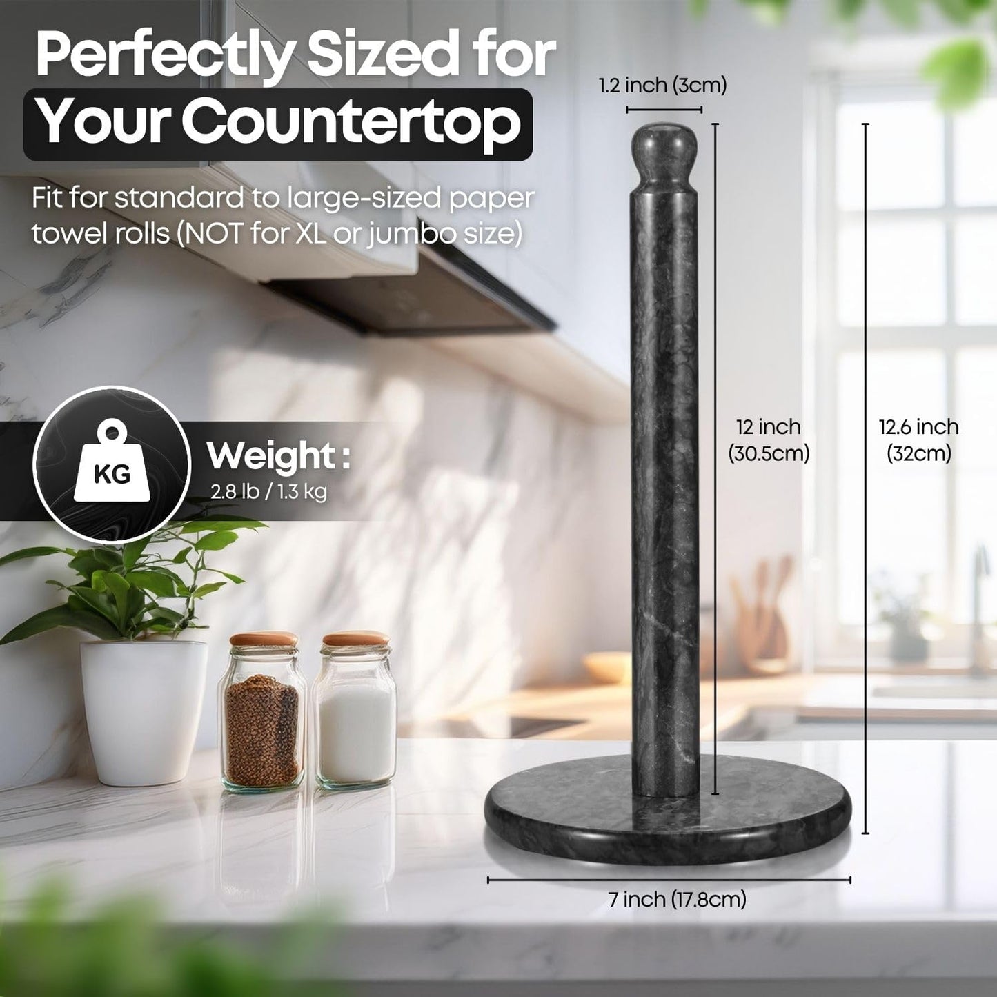 12 inch Countertop Flexzion Marble Paper Towel Holder (Black) - Kitchen Paper Towel Holder Stand Rack with Roll
