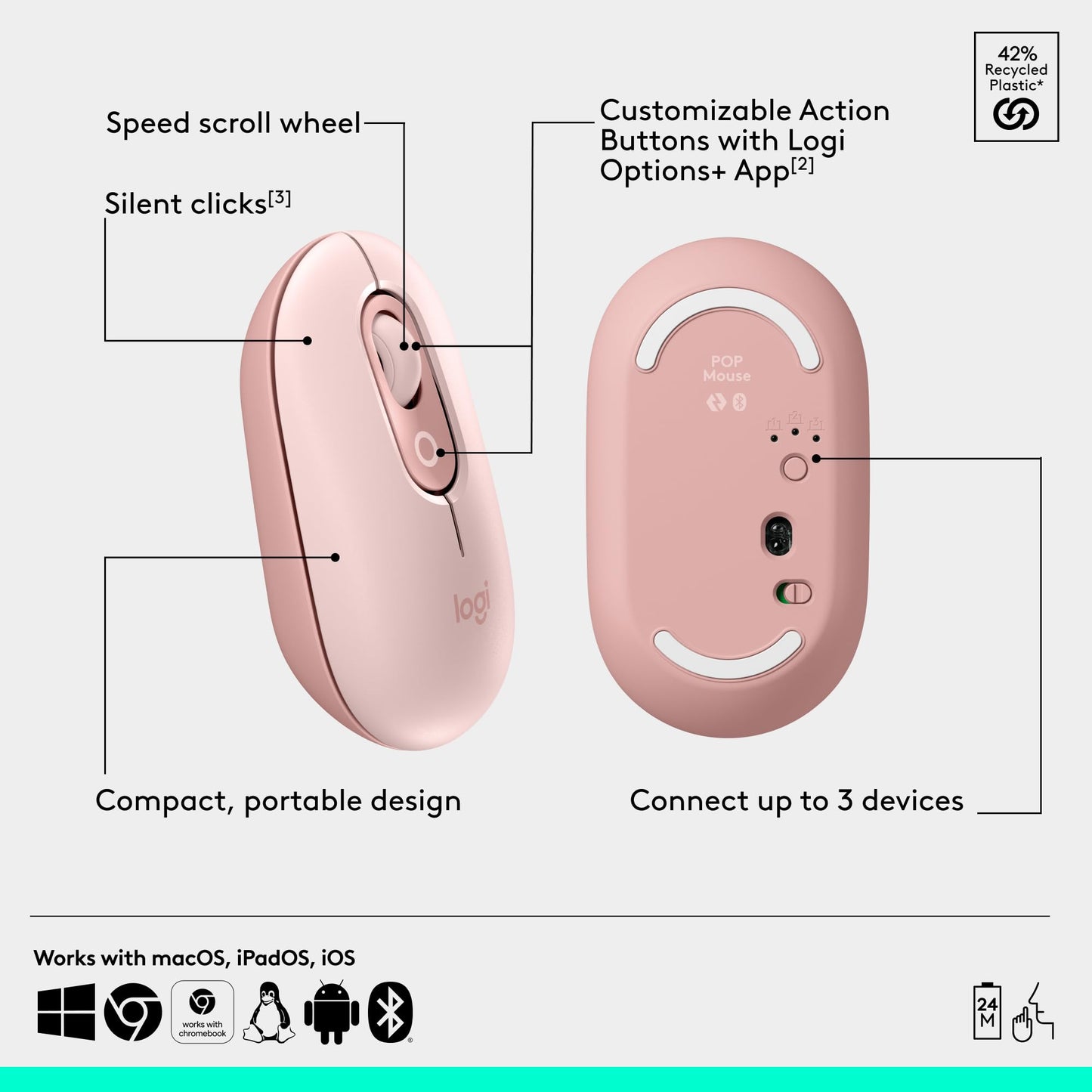 Logitech POP Mouse, Wireless Mouse with Customizable Emojis, SilentTouch Technology, Precision/Speed Scroll, Compact Design, Bluetooth, Multi-Device, OS Compatible - Heartbreaker Rose