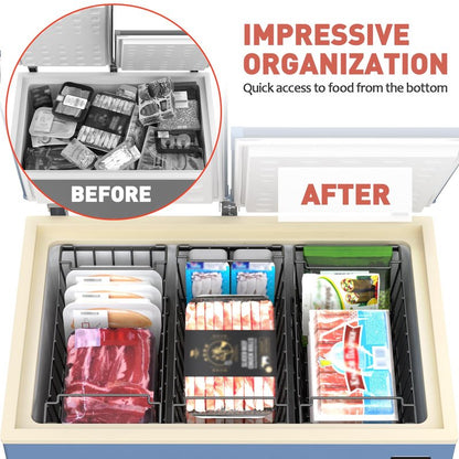Goovilla Freezer Organizer Bins with Foldable Handle, 4 Pack Stackable Freezer Baskets for 3.5-7 Cu.FT Deep Chest Freezer Organization, Coated Metal Freezer Storage Bins with Better Space Utilization