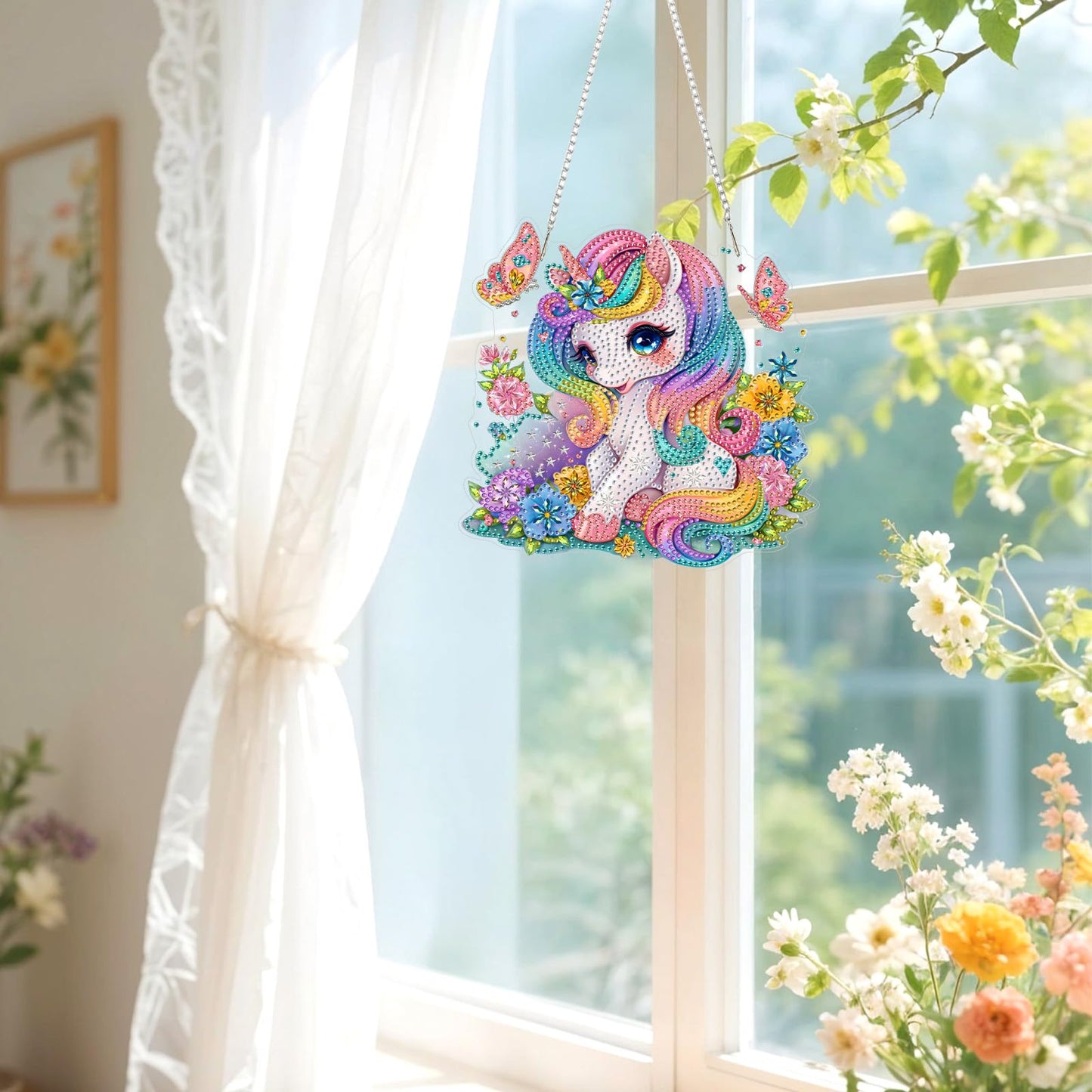 Lxmsja DIY Little Unicorn Diamond Painting Hanging Ornament, Double-Sided Acrylic Rainbow Flowers Diamond Art Kit, Special Shaped Suncatcher Hanging Pendant Window Art Kit
