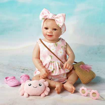 BABESIDE 16-20 Inch Reborn Baby Doll Clothes Set with 16 Inch Doll Shoes for Reborn Dolls, Summer Floral Babydoll Clothes with Bag Headband for Realistic Baby Dolls Accessories, Pink