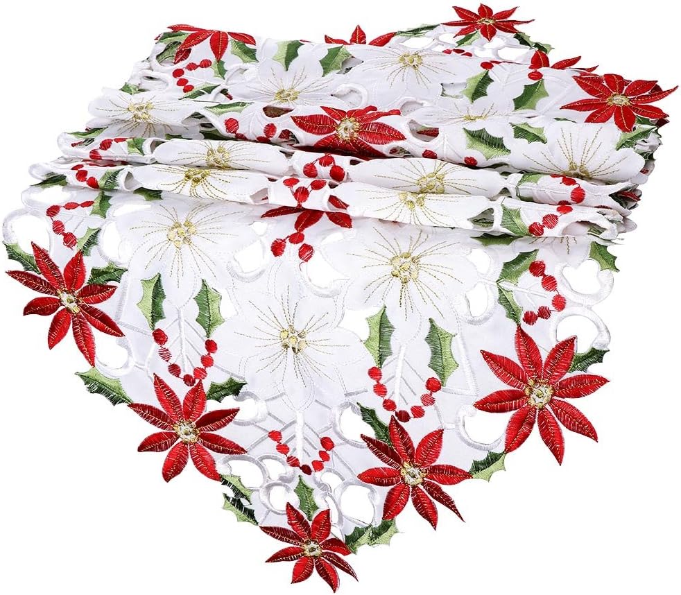 OurWarm Christmas Table Runners, Embroidered Poinsettia Holly Leaf Table Linens, 15 x 70 Inch