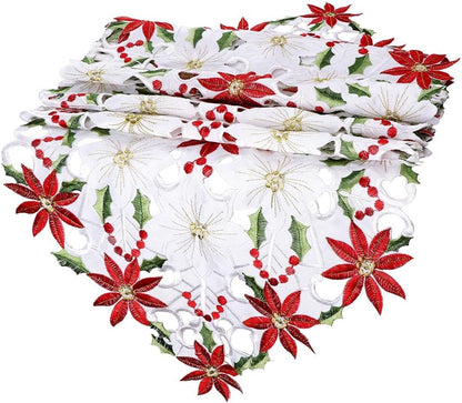 OurWarm Christmas Table Runners, Embroidered Poinsettia Holly Leaf Table Linens, 15 x 70 Inch