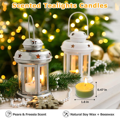English Pear & Freesia Scented Tea Lights, 4-Pack White & Green Beeswax Soy Wax Tealight Candles with Dried Flower Decoration, Long-Lasting, Ideal for Relaxation, Spa, and Gifts