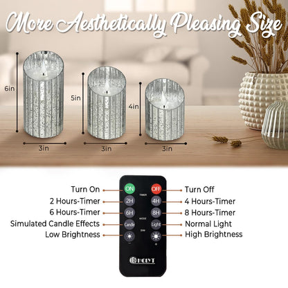 LEDHOLYT Rechargeable Flameless Candle, Flickering LED Pillar Glass Fake Candle with Remote and Timer, Built-in Battery Real Wax Electronic Candle for Room Decoration, Set of 3