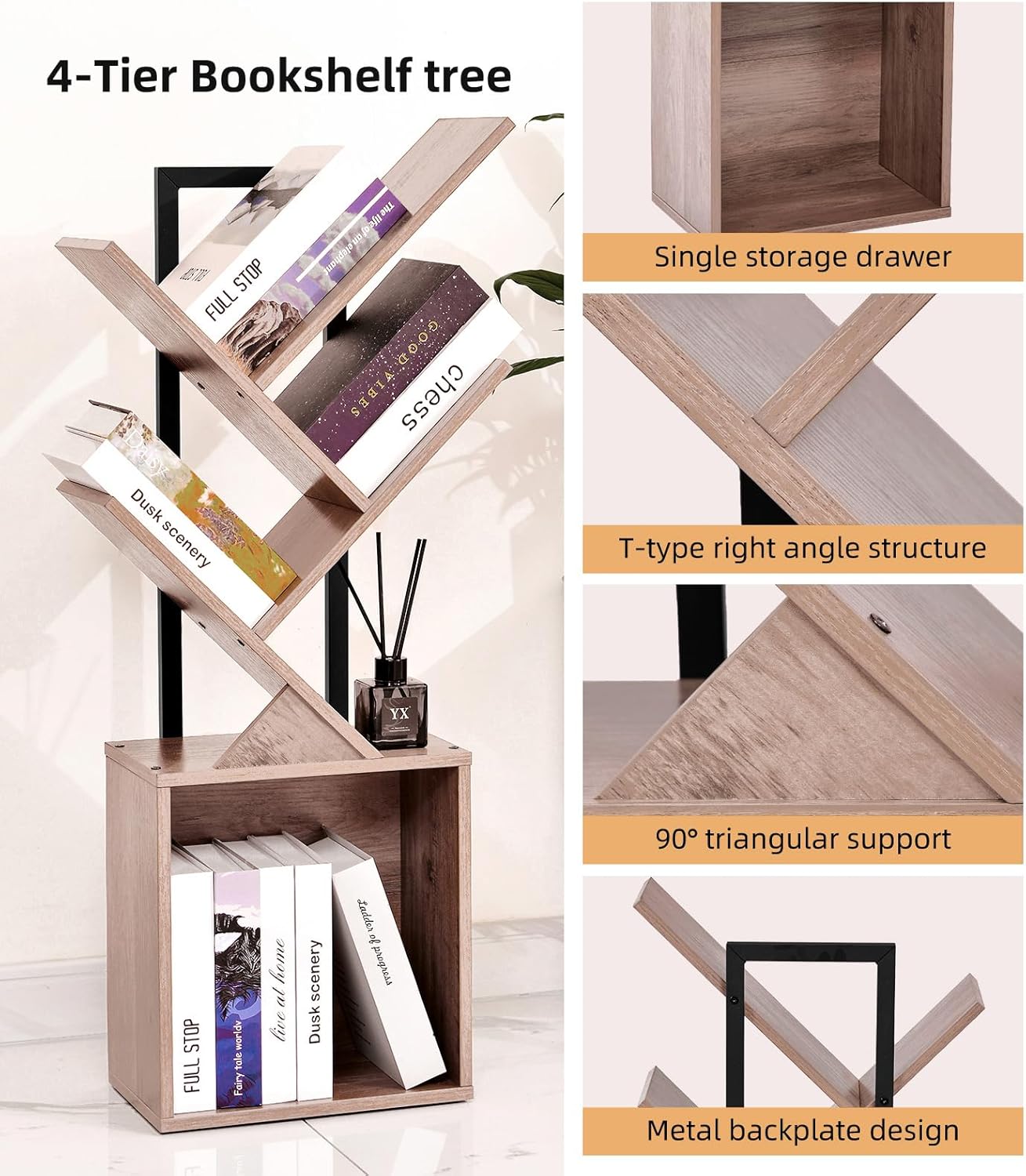 4-Tier Tree Bookshelf Bookcase with Storage Cabinet, Modern Corner Bookshelves, Narrow Wood Book Rack, Mini Floor