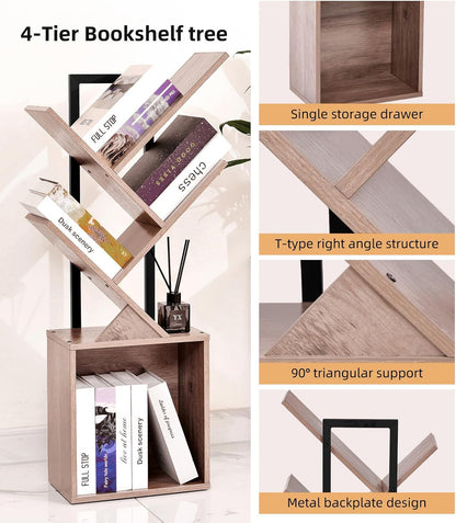 4-Tier Tree Bookshelf Bookcase with Storage Cabinet, Modern Corner Bookshelves, Narrow Wood Book Rack, Mini Floor