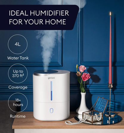 GENIANI Ultrasonic Cool Mist Humidifier for Bedroom, Large Rooms, Home, 4L - Easy Fill & Clean Humidifier for Plants w/Auto Shut-off, 40H Runtime - Quiet, Top Fill Air Humidifier