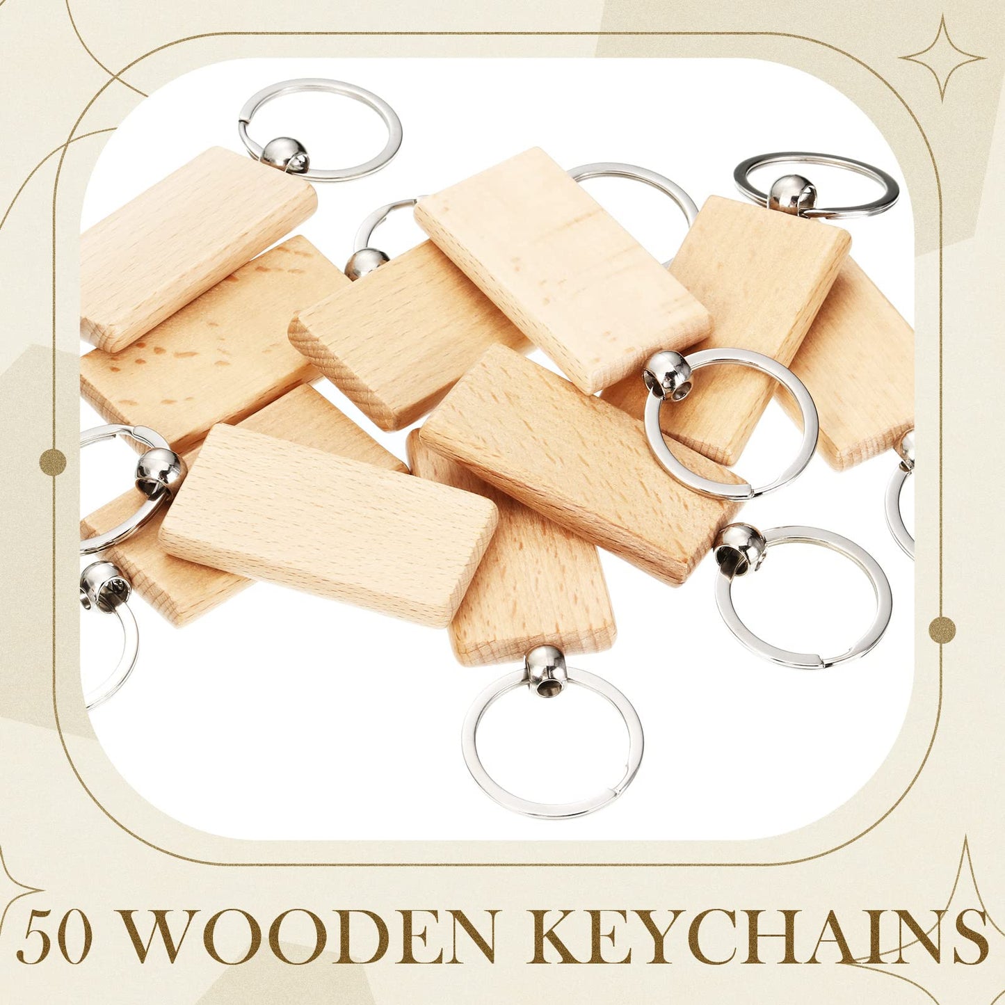 Yinkin 50 Pcs Wooden Keychain Blanks Bulk Laser Engraving Key Chain Unfinished Wooden Key Ring Tag for DIY Gift Crafts (Rectangle)