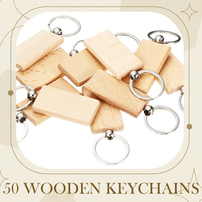 Yinkin 50 Pcs Wooden Keychain Blanks Bulk Laser Engraving Key Chain Unfinished Wooden Key Ring Tag for DIY Gift Crafts (Rectangle)