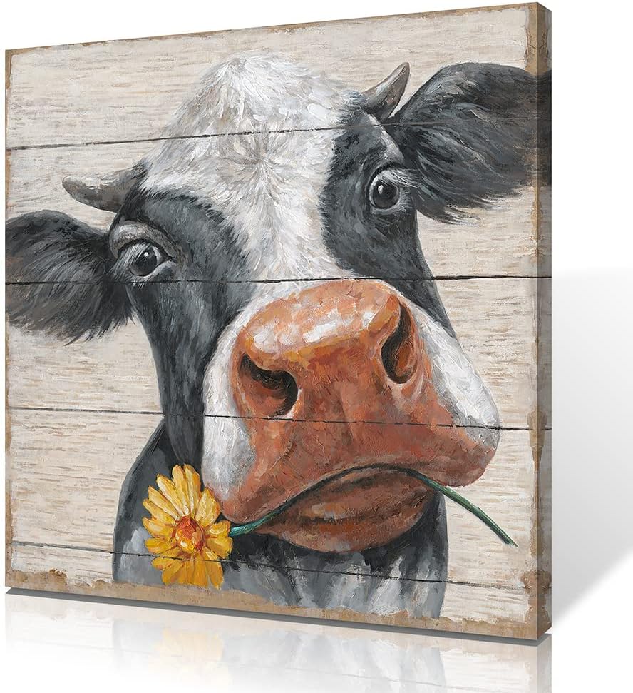 24"x24" Rustic Cow Pictures Wall Decor: Farmhouse Cow Canvas Wall Art Farm Animal Cow with Sunflower on Wood Panel