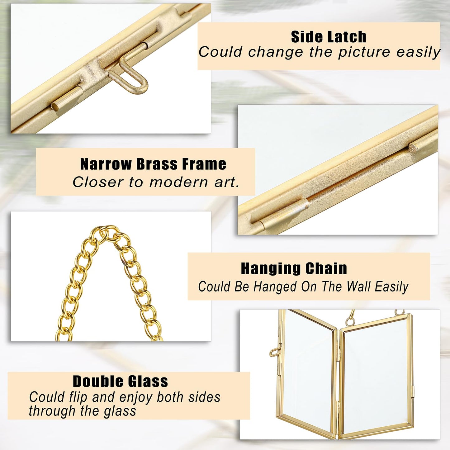 JUXYES 8 Pack Mini Brass Floating Frames Ornaments With Hanging Chain - Double Glass Tiny Picture Display Frame - Gold Wallet Size Floater Style Gallery Wall Frame for Pressed Flowers, 2x3 Inches