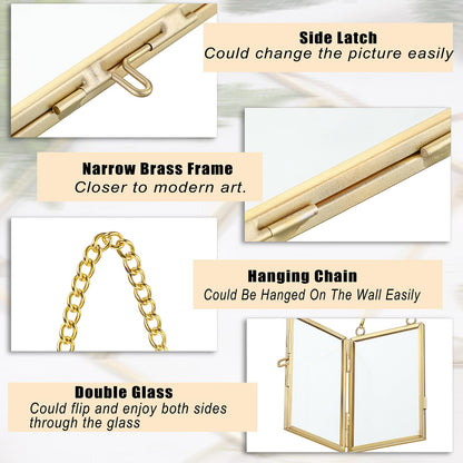 JUXYES 8 Pack Mini Brass Floating Frames Ornaments With Hanging Chain - Double Glass Tiny Picture Display Frame - Gold Wallet Size Floater Style Gallery Wall Frame for Pressed Flowers, 2x3 Inches