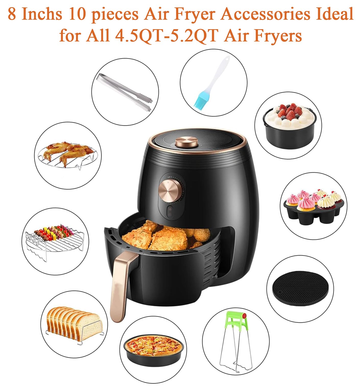 Air Fryer Accessories Set Fit for Gowise Gourmia Cozyna Ninja,Fit All 2.3qt-3.2qt Air Fryer,Kits with Skewers Silicone Mat,Pizza Pan,Cake Barrel,Non-Stick,Dishwasher Safe,Universal,6 Inch 10pcs,Black