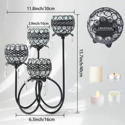 4 Arms Crystal Candelabra Tealight Holder - Tall 15.7 Inch Elegant Centerpiece with Crystal Pendant Bowls & Artistic Metal Stand for Wedding, Dining Table, Home Decor (2, Black)