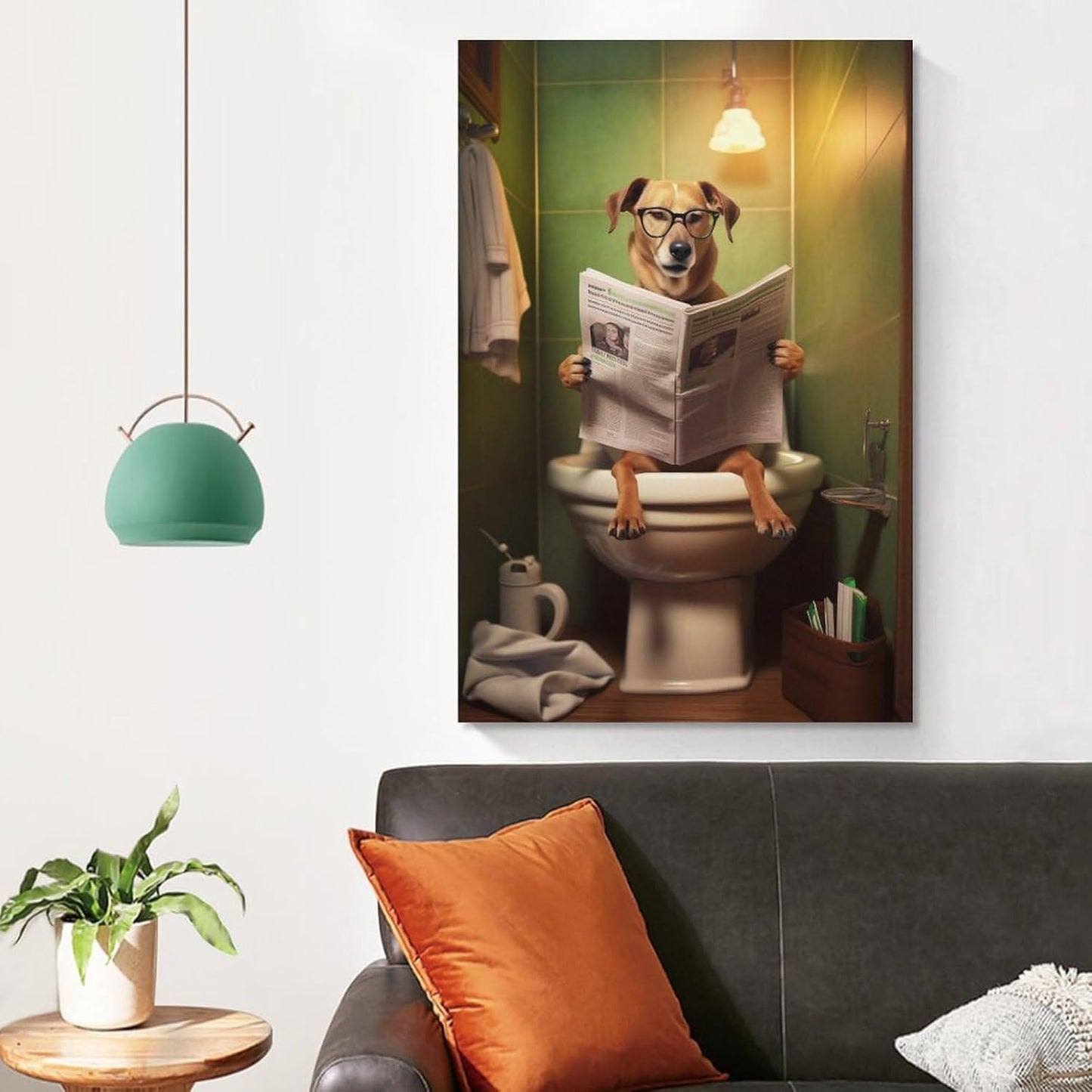 FireDeer Funny Bathroom Canvas Wall Art - Dog Reading Newspaper on Toilet Poster Humor Painting for Farmhouse Decor