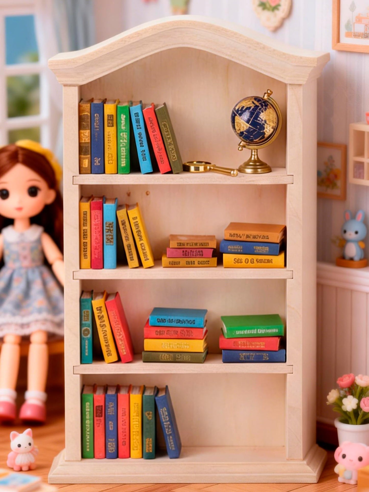 KooingTech Mini Bookshelf, Dollhouse Bookshelf for Mini Books, 1:12 Miniature Bookshelf of Miniature Dollhouse Furniture, Wooden Doll House Book Shelf, Dollhouse Bookcase Wood Color (1)