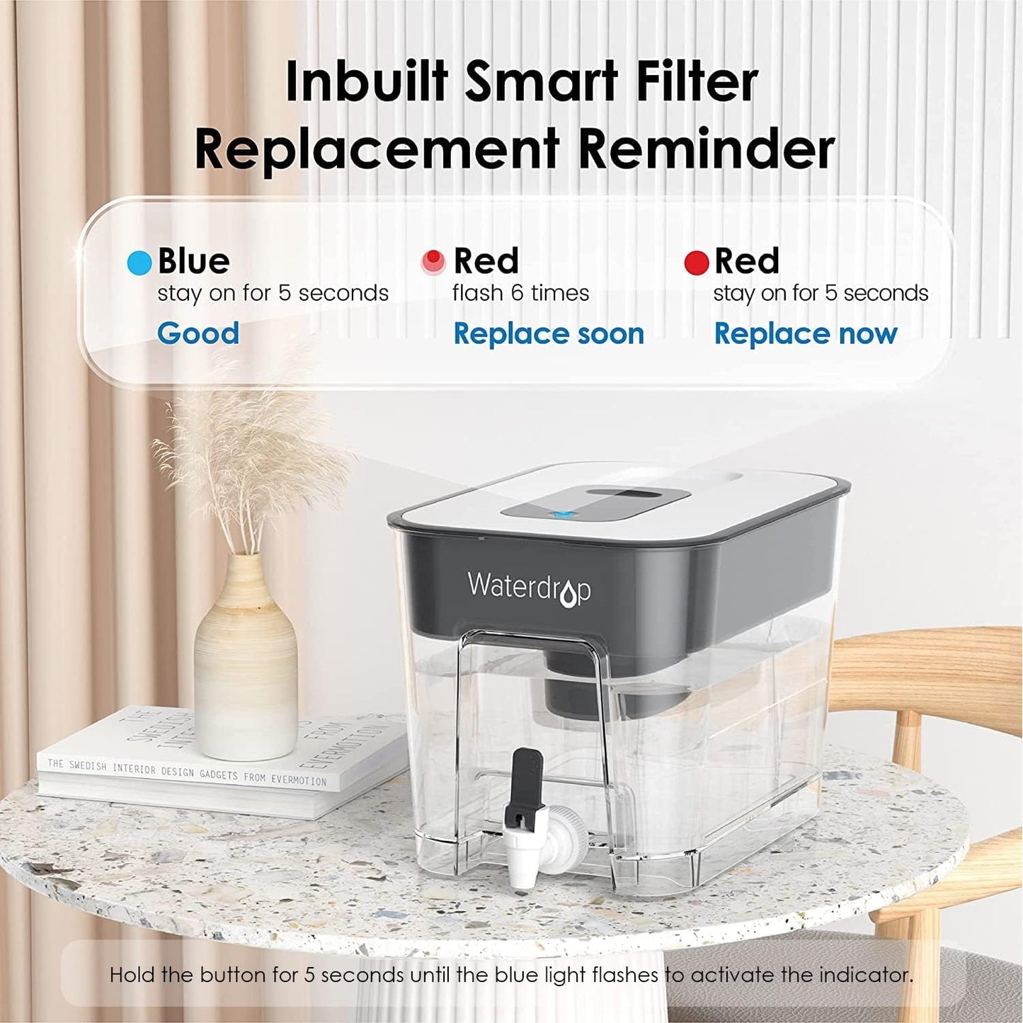 Waterdrop WFD-22L Large Water Filter Dispenser, 40-Cup Water Filter Pitcher, 200-Gallon Long-Life, Reduces Chlorine, PFOA/PFOS and More, BPA Free, Black