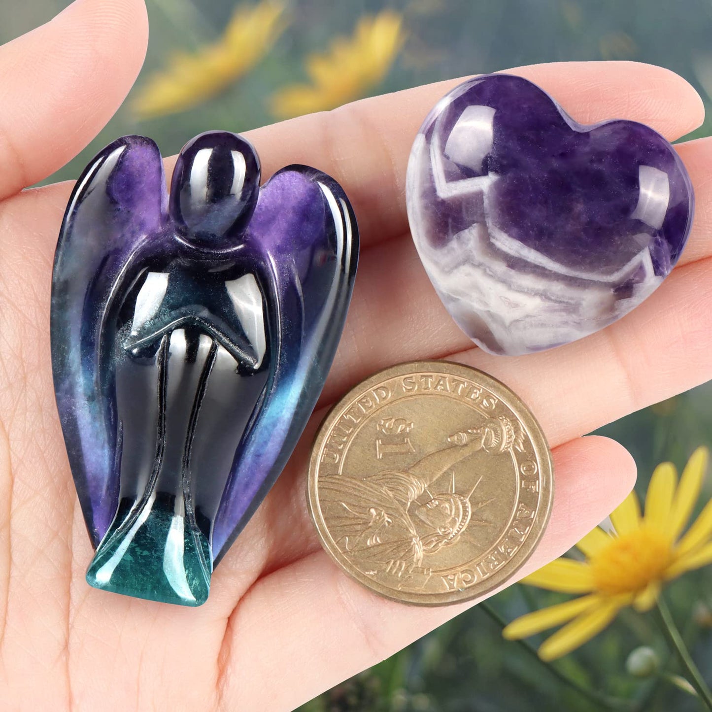 Artistone Rainbow Fluorite Crystal Guardian Angel Statue Amethyst Heart Stone Healing Chakra Set Hand Carved Gemstone Pocket Worry Stones Figurines Healing Reiki Meditation