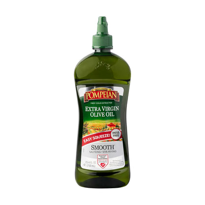 25.4 Oz., Pompeian Easy Squeeze, Smooth Extra Virgin Olive Oil, First Cold Pressed, Mild and Delicate Flavor, Mess