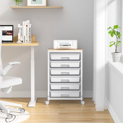 SYKIARIOL Rolling Cart with Drawers,Utility Cart with 6 Drawers,Rolling Storage Cart with Drawers and Wooden Tabletop & Lockable Wheel,White