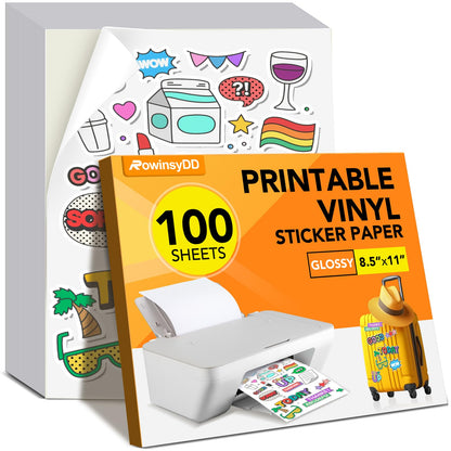 100 PCS Sticker Paper for Inkjet Printer, Printable Vinyl Sticker Paper Dries Quickly Vivid Colors, 8.5"x11" Tear Resistant Printable Vinyl, Glossy White, Inkjet & Laser Printer
