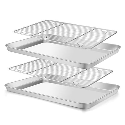 E-far Baking Sheet with Wire Rack (2 Pans + 2 Racks), Stainless Steel Cookie Sheets Pan & Cooling Rack for Baking Cookies/Jelly Rolls, Non Toxic & Heavy Duty, Oven & Dishwasher Safe, 16 x 12 x 1 Inch