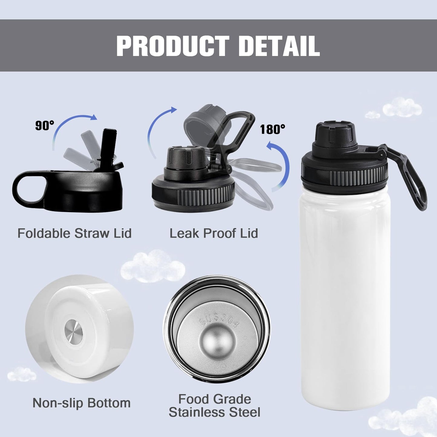 BetterSub Sublimation Sports Water Bottle Stainless Steel Insulated White Tumbler with Wide Mouth Lid and Straw 6 Packs (6packs 20oz)