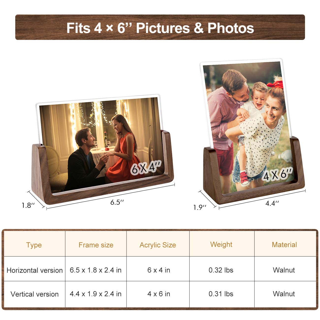 Mixoo 4x6 Picture Frame 2 Pack - Rustic Wooden Picture Frames with Walnut Wood Base and High Definition Break Free Acrylic Photo Covers for Desk Tabletop Display Teacher Appreciation Gifts (Horizontal + Vertical)