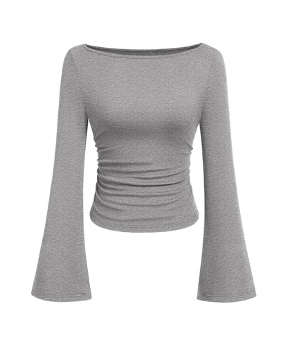 PRETTYGARDEN Women's Long Sleeve Shirts 2025 Fall Crop Going Out Tops Casual Boat Neck Bell Sleeve Ribbed Ruched Y2K Clothes