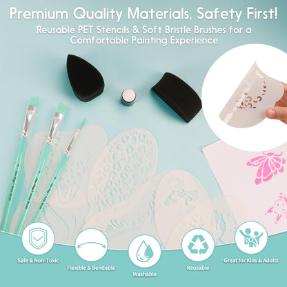 67-Piece Deluxe Face Painting brushes and Stencils Kit - Safe Non-Toxic Tools with Brushes, Sponges, Reusable Stencils, Stickers, Book & More, Perfect for Carnival, Halloween & Parties