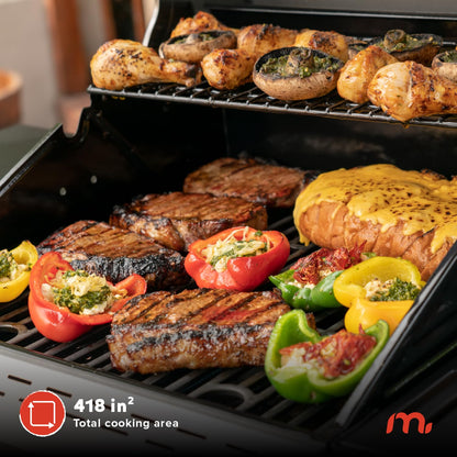 Megamaster Deluxe 2-Burner Gas Grill with Foldable Side Tables, 418 SQ In Cooking Space, 28000 BTUs, Stainless Steel Lid, Propane BBQ Grill for Outdoor Cooking, Patios, Backyards and More - 720-0864MA