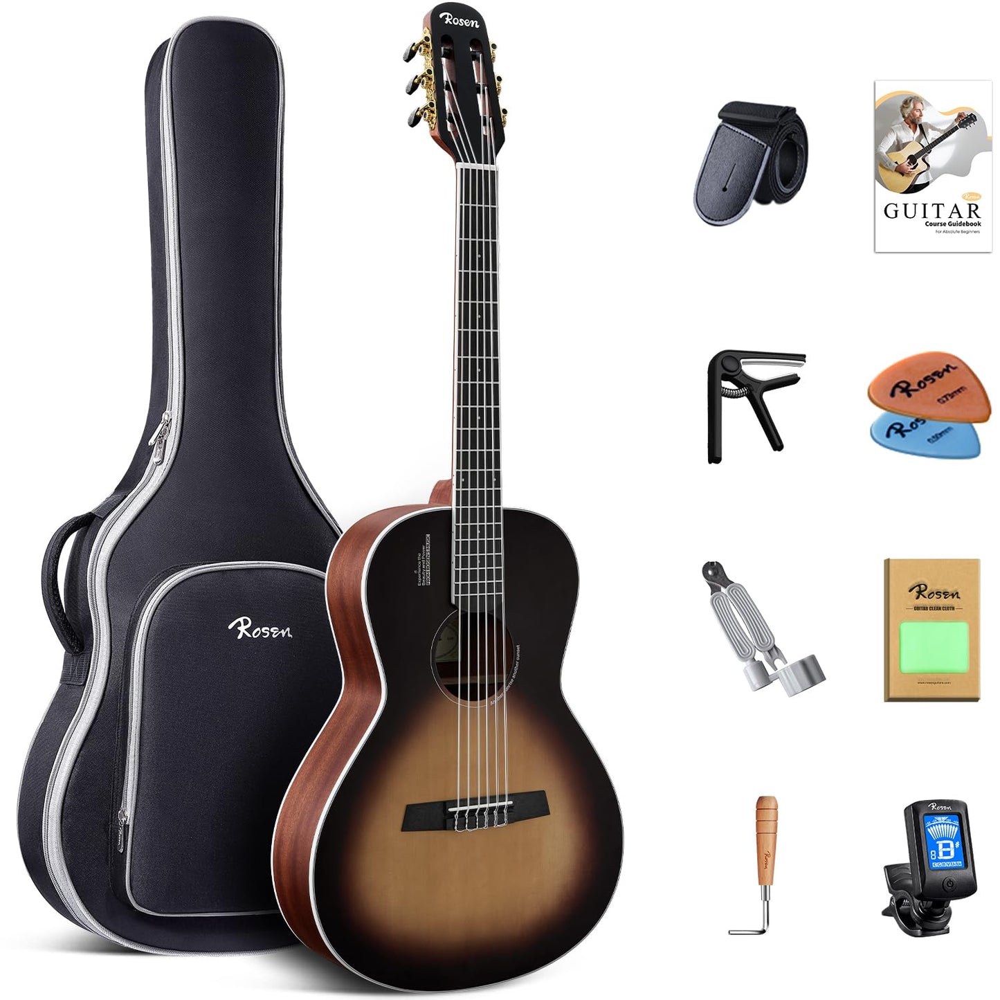 Rosen V1 Hybrid Acoustic Guitar for Beginners Adults Patented Body with Solid Spruce Top & Soft Touch Strings Thin Neck & Open Pore Matte 38 Inch,Black