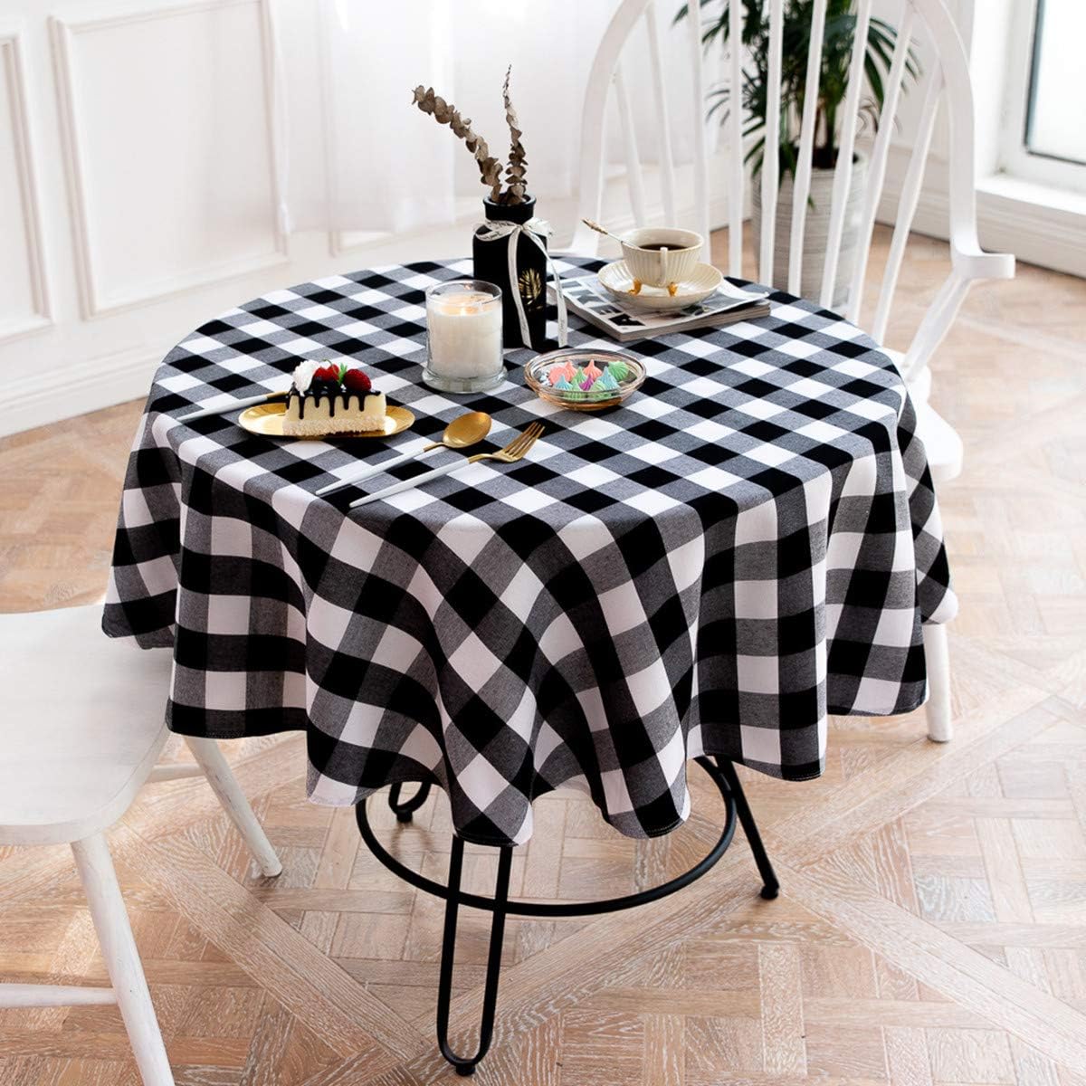 Buffalo Plaid Round Tablecloth, Checkered Cotton Linen Table Cover for Kitchen Dining Room, 48 Inch