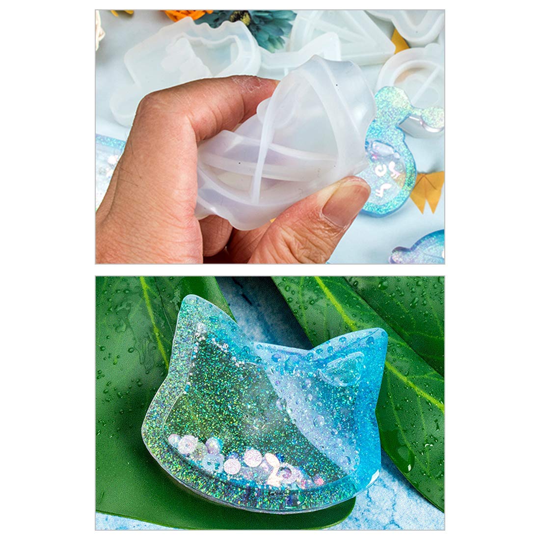 FineInno 11Pcs Quicksand Resin Casting Molds,Resin Art Shaker Mold, Crystal Silicone Hollow Mould Epoxy Pendant Mold Heart, Star, Moon,Bottle,Cat Head
