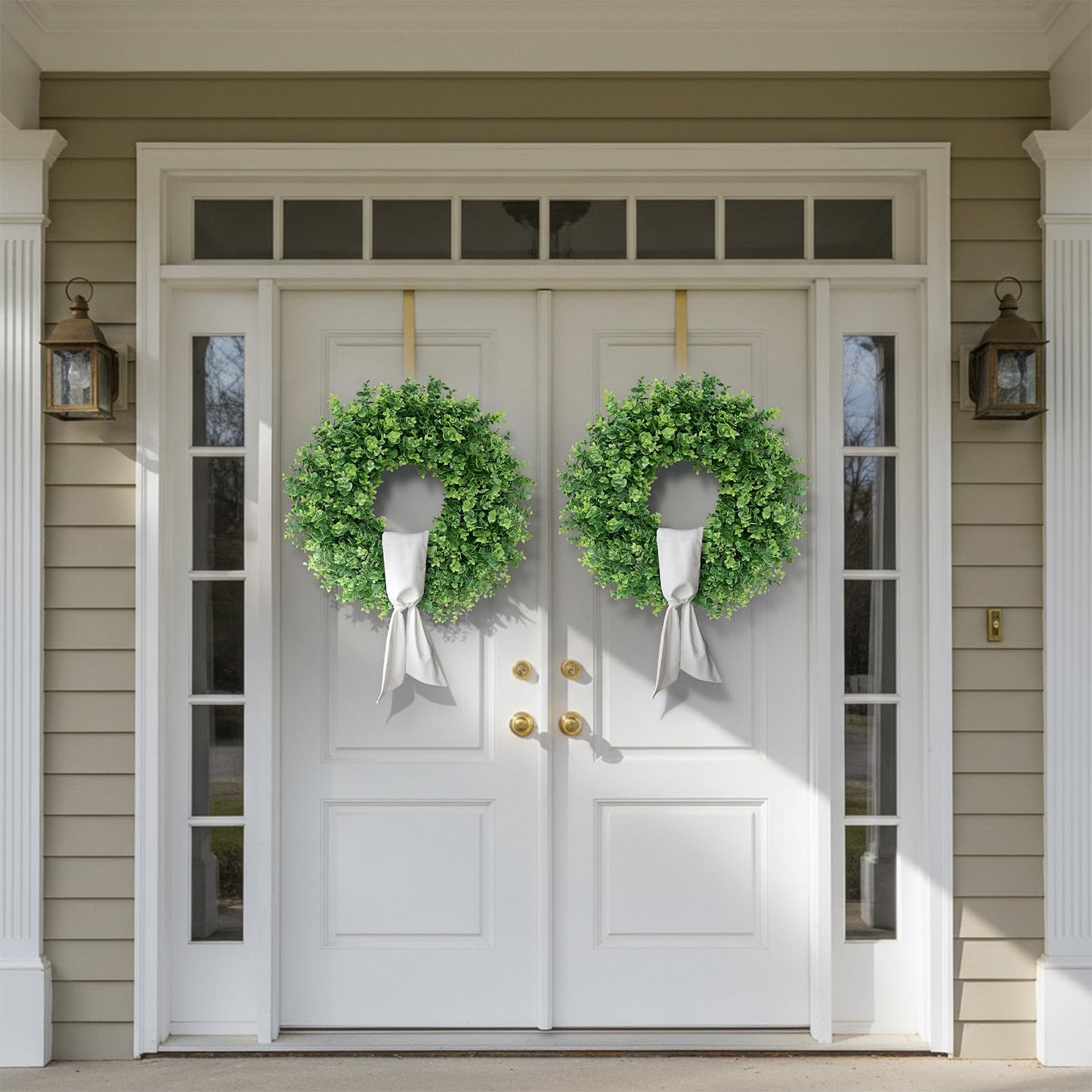 26" Artificial Eucalyptus Wreath with Sash for Front Door, Porch, Window - Large Faux Eucalyptus Leaves Greenery Outdoor Wreath for Home, Farmhouse Decor - Spring, Summer, All Seasons (Green)