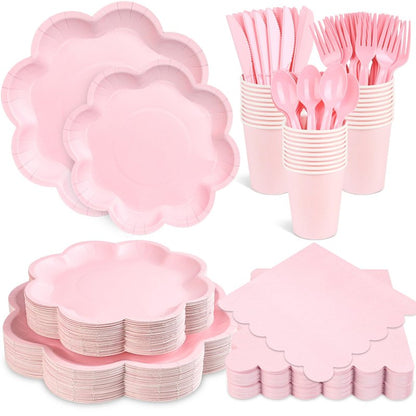 350 Pcs Pink Paper Plates and Napkins Set, Tableware Set for 50 Guests Include Disposable Pink Scalloped Plates, Napkins, Cups, Knives, Forks & Spoon for Baby Shower Mother's Day Wedding Birthday