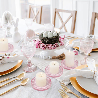 CHOCSTAY Glass Pillar Candle Holder, 4" Pink Candle Plates Set of 6, Glass Candle Holders for Wedding, Party, Holiday, Home Decor, Table Centerpiece
